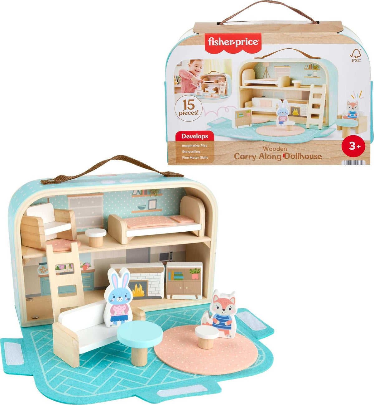 Fisher-Price Wood Dollhouse Carry Along open view enhances portable imaginative play