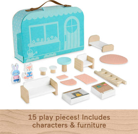 Fisher-Price Wood Dollhouse Carry Along soft fabric rug and bedding add cozy detail