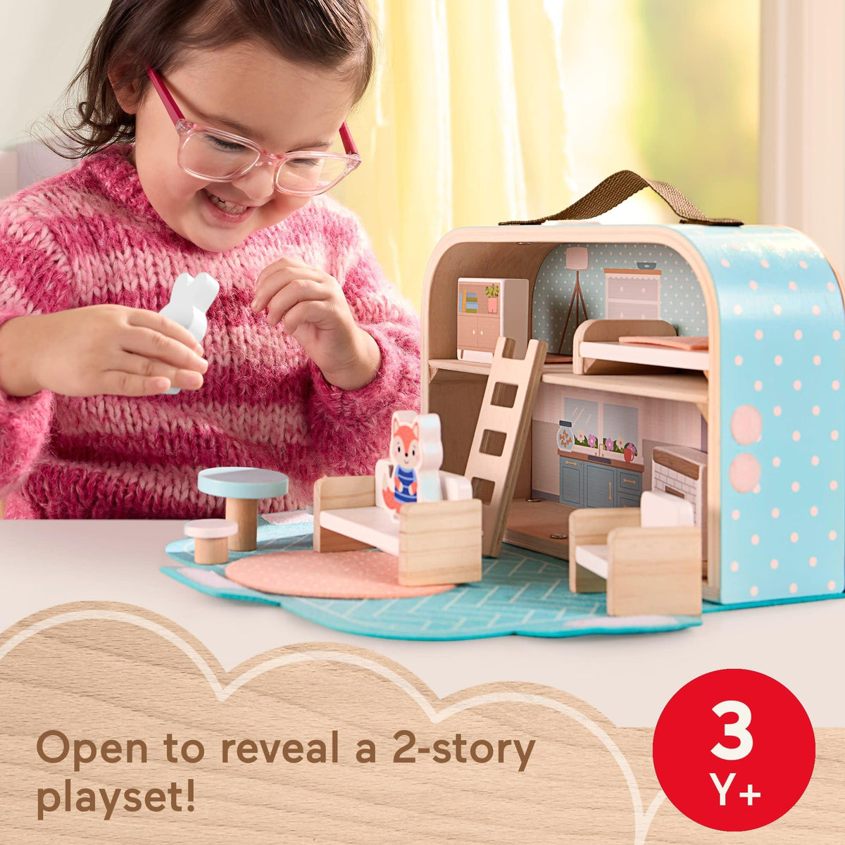 Fisher-Price Wood Dollhouse Carry Along two-story layout sparks storytelling on the go