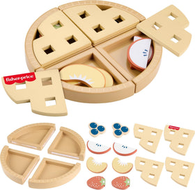 Fisher-Price wood fruit pie assembly pieces for imaginative play and problem solving.