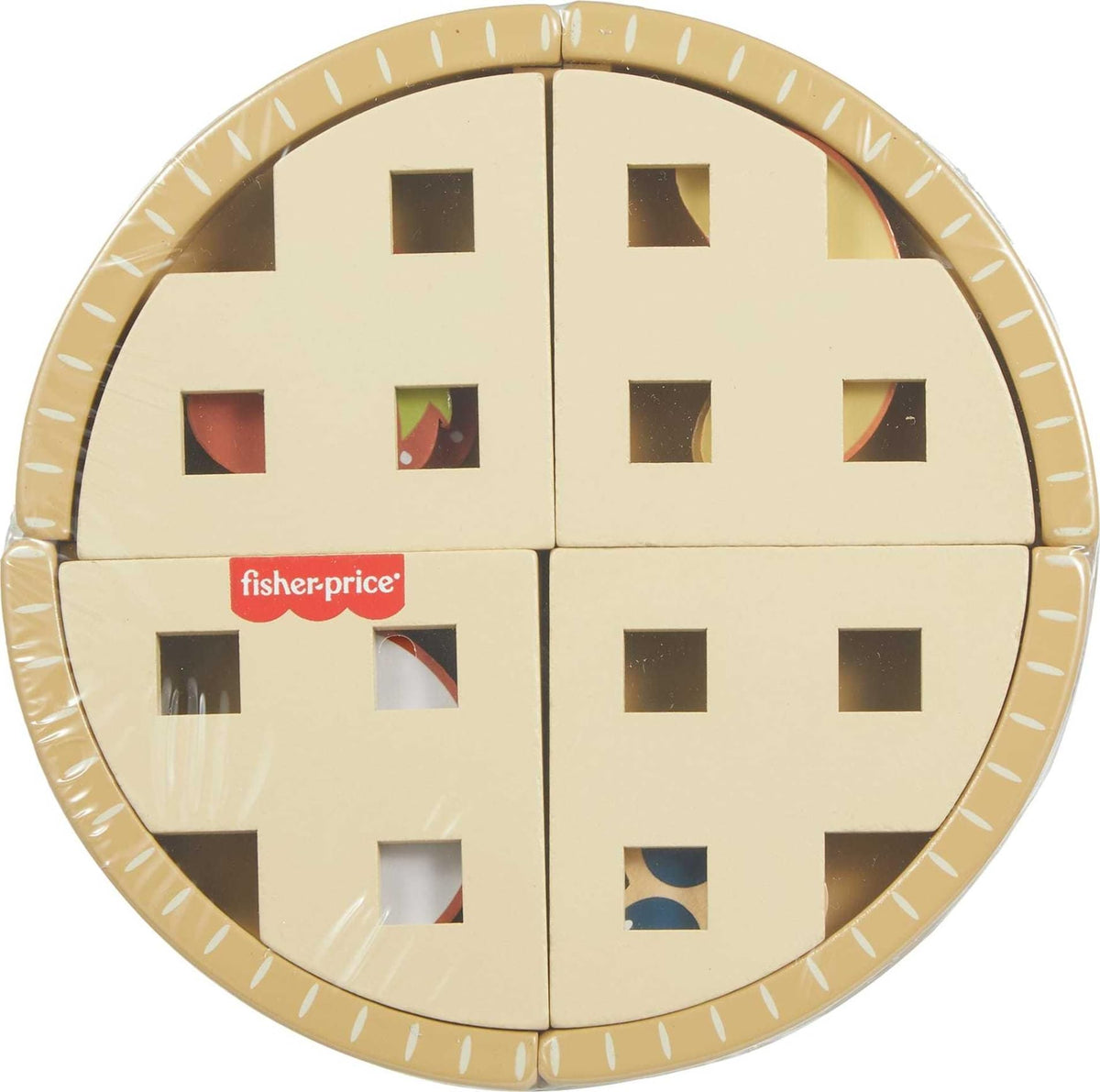 Fisher-Price wood fruit pie connectable slices promote cooperative play.
