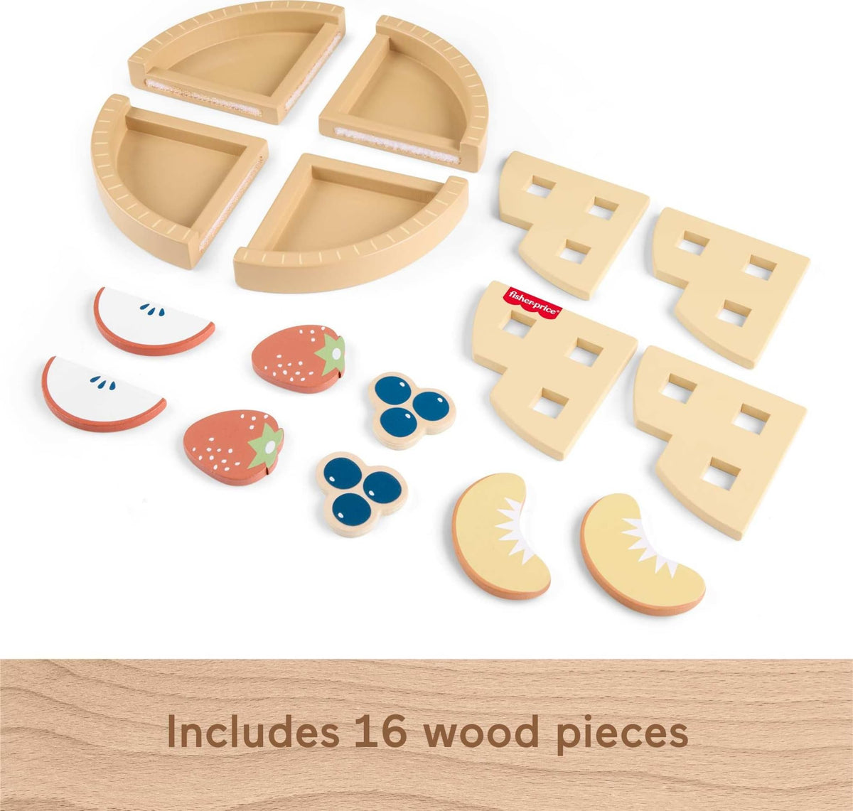 Fisher-Price wood fruit pie FSC-certified wood emphasizes responsible play materials.