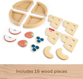 Fisher-Price wood fruit pie FSC-certified wood emphasizes responsible play materials.