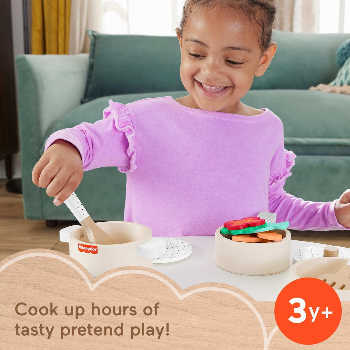 Fisher-Price wood kitchen pan for imaginative play and serving stories
