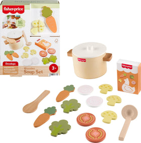 Fisher-Price Tiny Garden wooden soup pot with lid for imaginative pretend play.