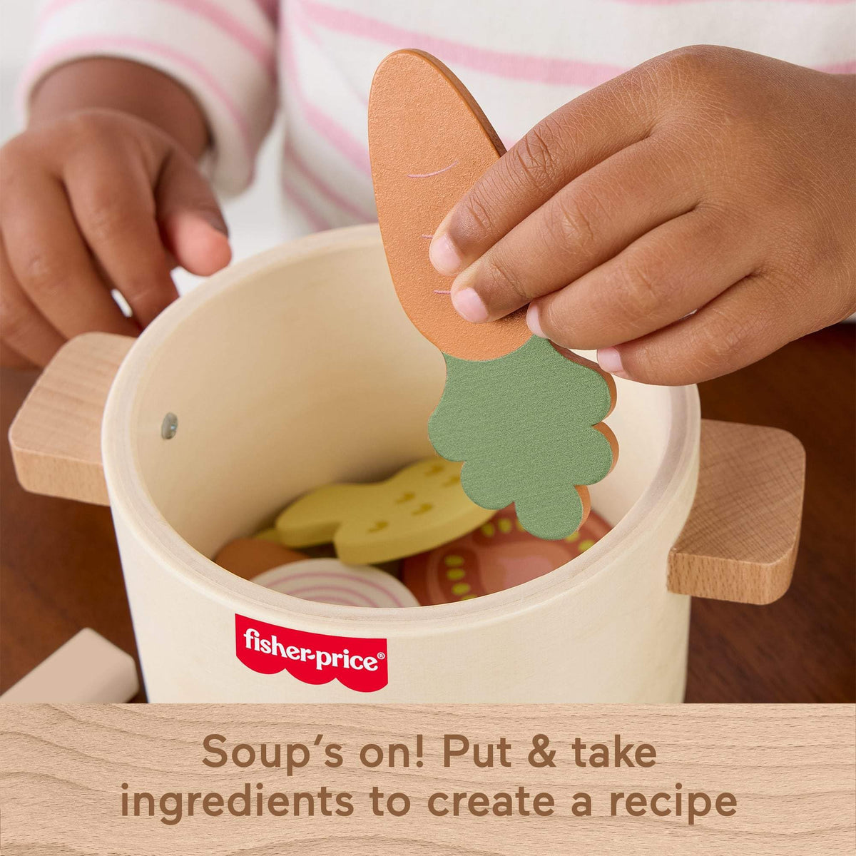 Fisher-Price wooden vegetable pieces to mix into kid-friendly recipes.