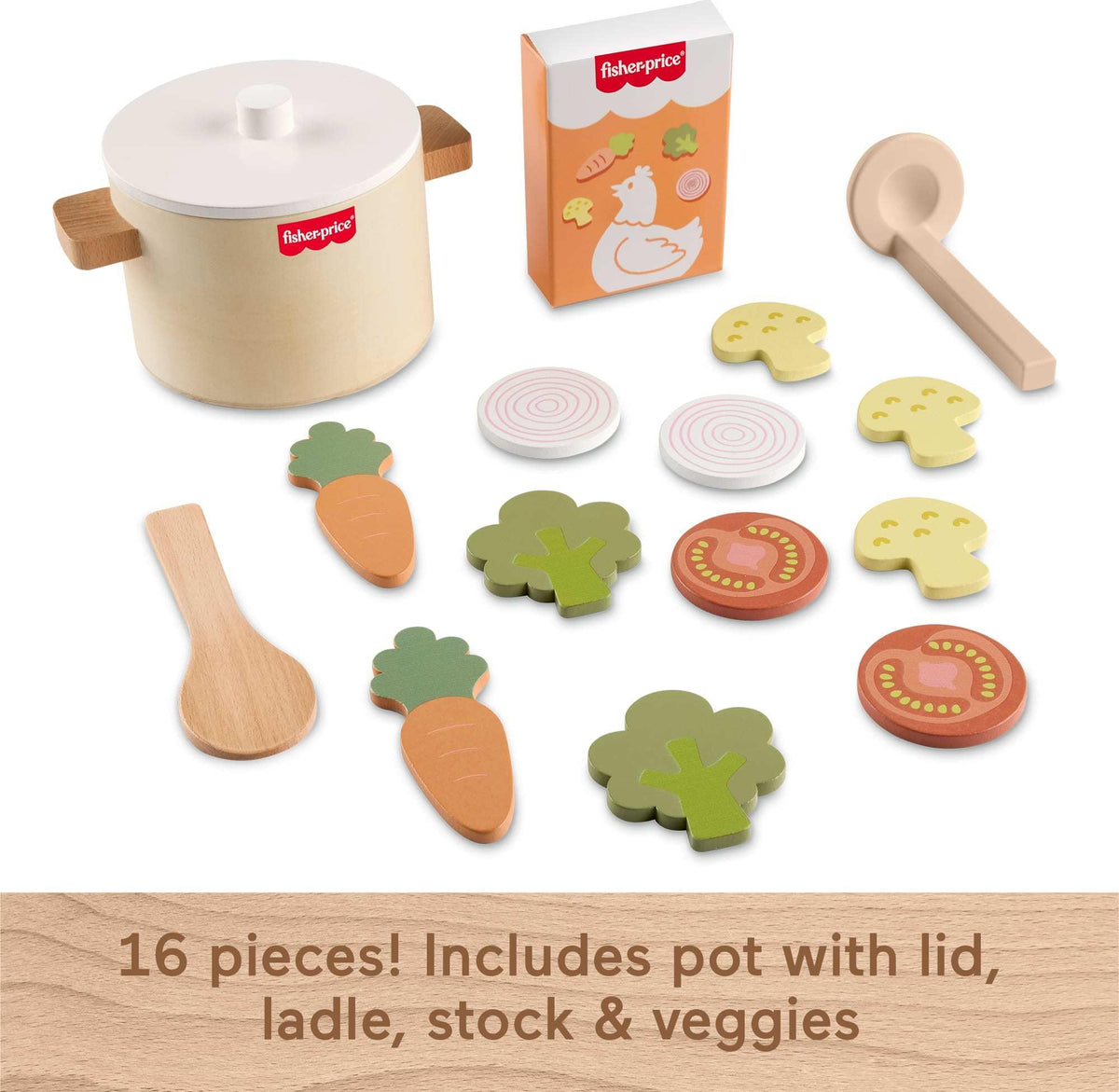 Fisher-Price wooden utensils perfect for stirring, scooping, and serving.