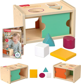 Fisher-Price Wood Montessori Object Permanence Box with open slots to boost shape recognition.