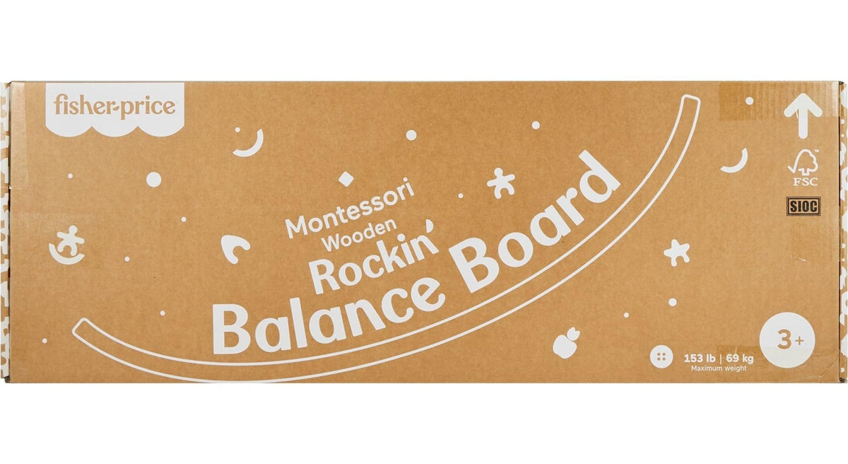 Fisher-Price Wood Montessori Rockin' Balance Board AMS Seal indicates educational recognition.