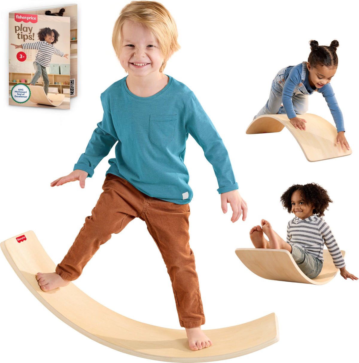 Fisher-Price Wood Montessori Rockin' Balance Board front view highlights sturdy FSC wood for active play.