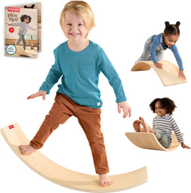 Fisher-Price Wood Montessori Rockin' Balance Board front view highlights sturdy FSC wood for active play.