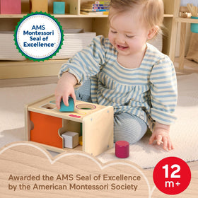 Fisher-Price Wood Montessori Shape-Sorting Top Slots support problem-solving and fine motor practice.