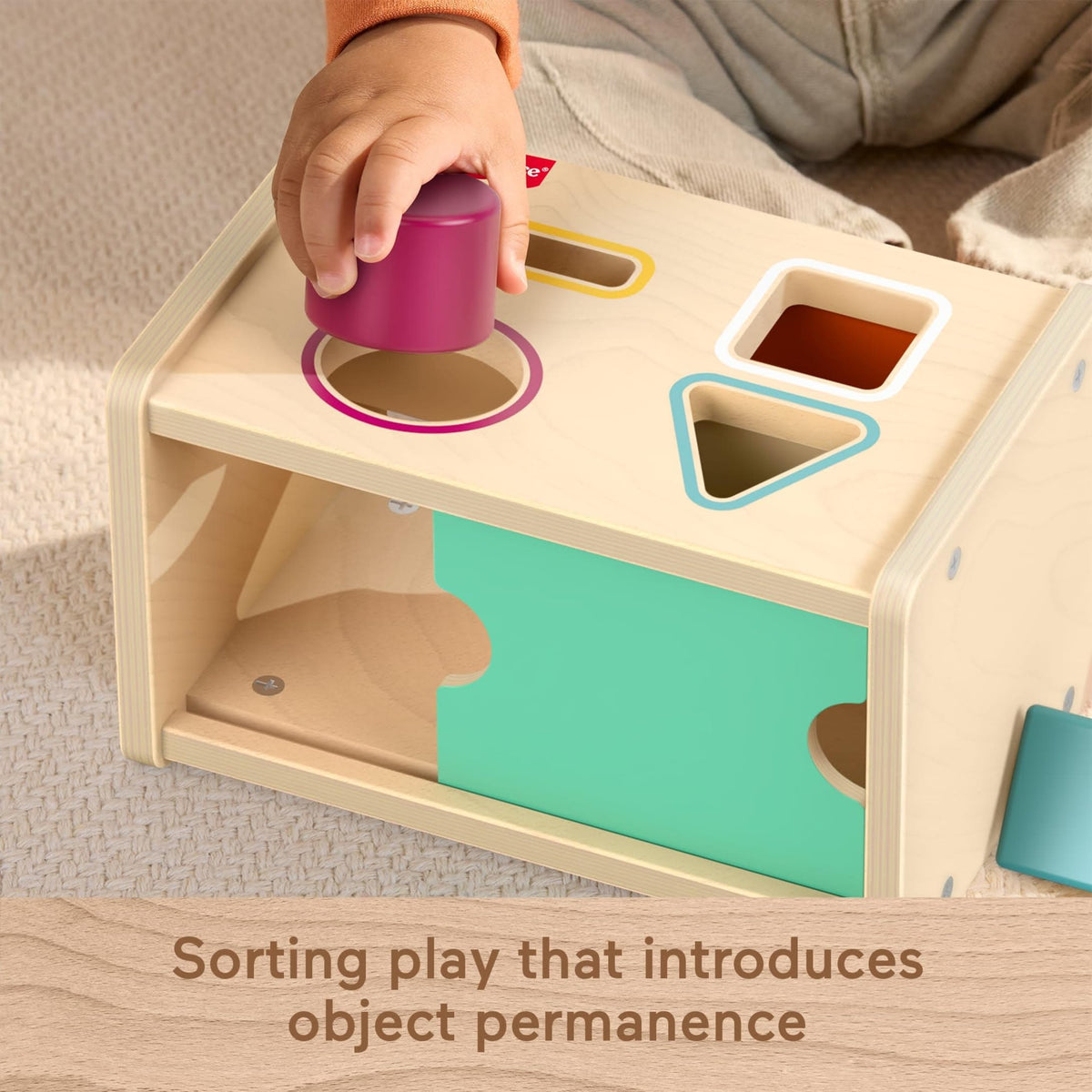 Fisher-Price Wood Montessori Side Door Peekaboo reveals hidden shapes for object permanence play.