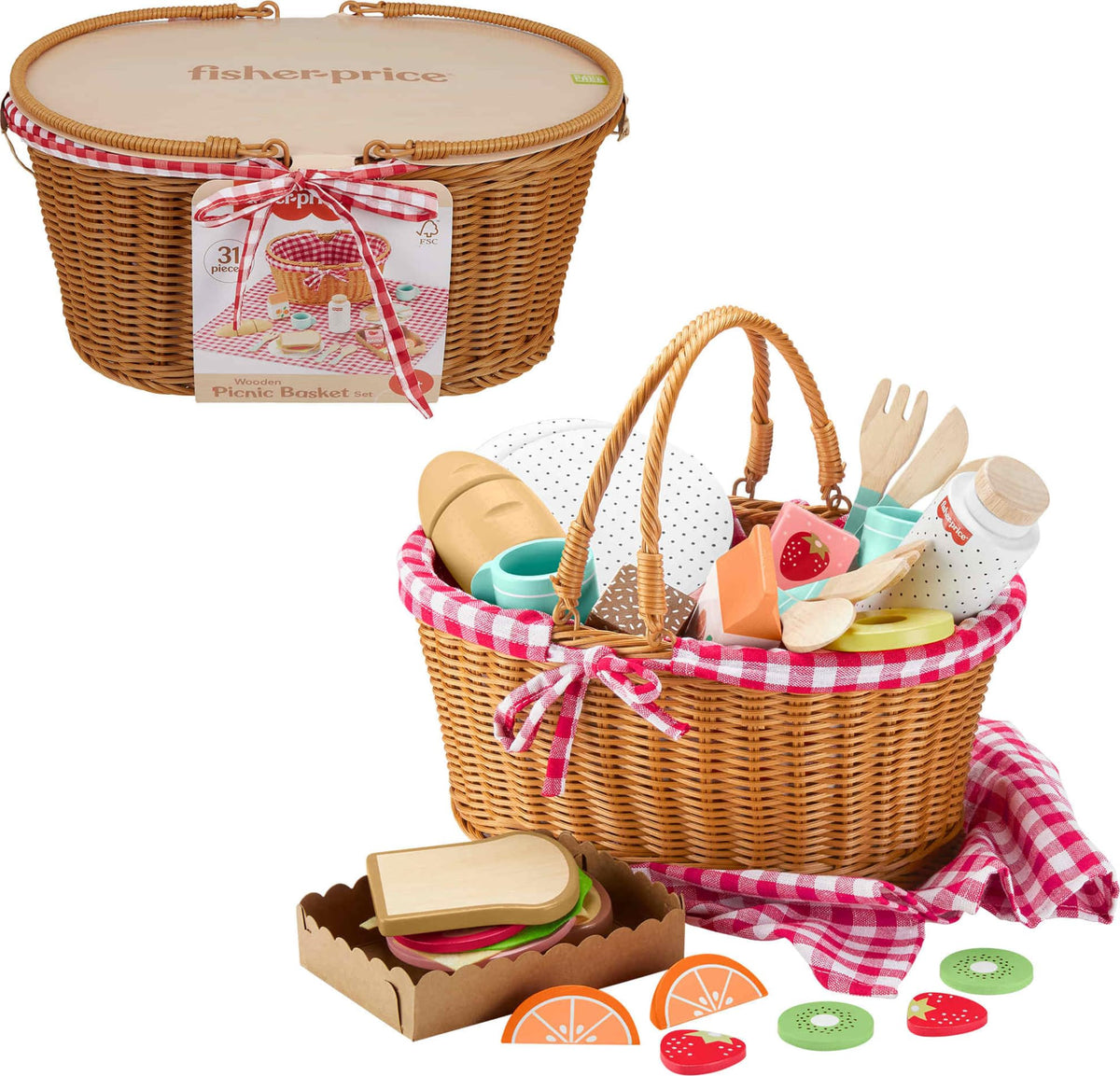 Fisher-Price wood picnic basket with 31-piece set for imaginative play
