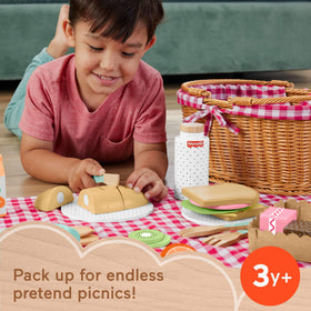 Wooden play food pieces including fruit and bread for storytelling and pretend meals