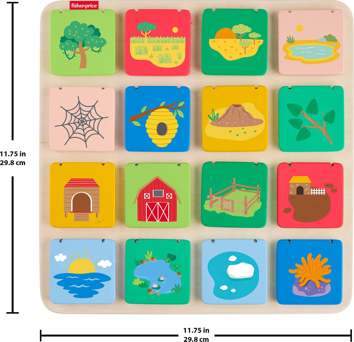 Fisher-Price Wood Lift & Reveal Board designed for ages 3 plus play