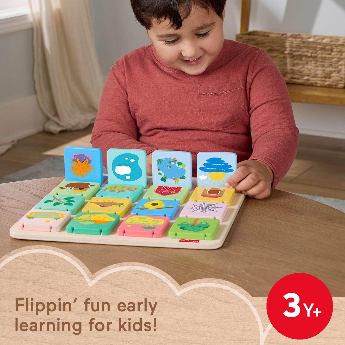 Close up of animal illustrations behind a door on the Fisher-Price board