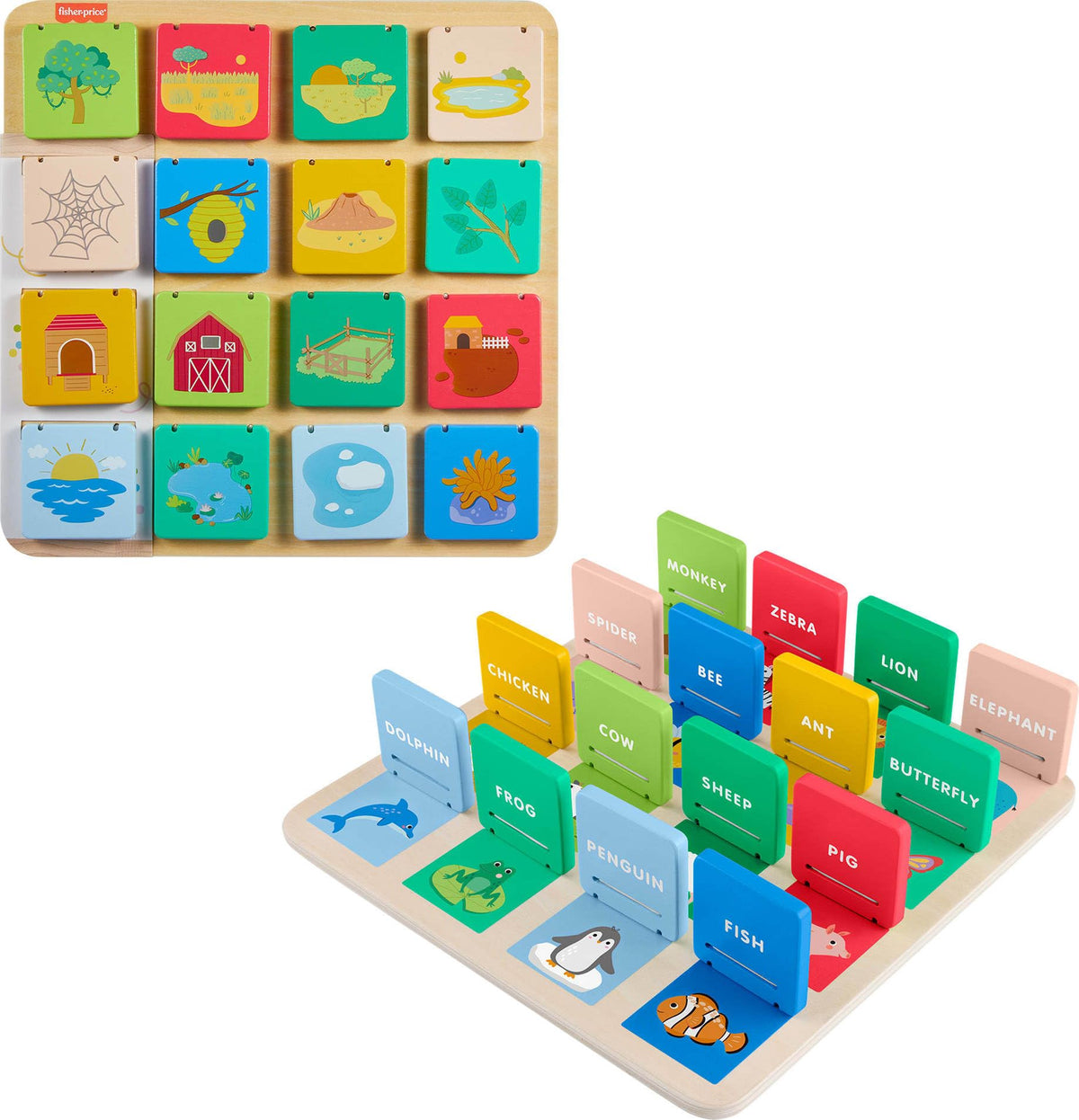 Fisher-Price Wood Lift & Reveal Board doors open to reveal animals and their names