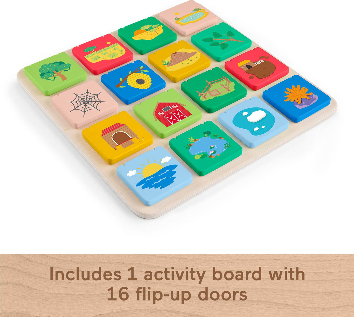 Fisher-Price Lift & Reveal Board showing printed animal names for learning