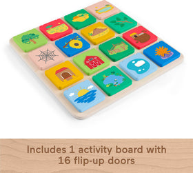 Fisher-Price Lift & Reveal Board showing printed animal names for learning