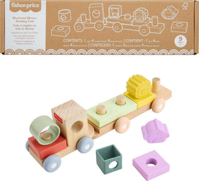 Fisher-Price wood-stacking-train with blocks and shapes promotes early motor skills.