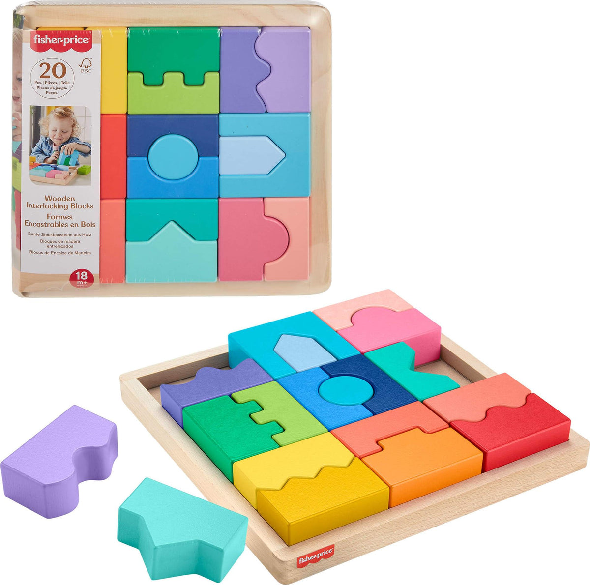 Fisher-Price wooden interlocking blocks puzzle with colorful shapes for imaginative play.