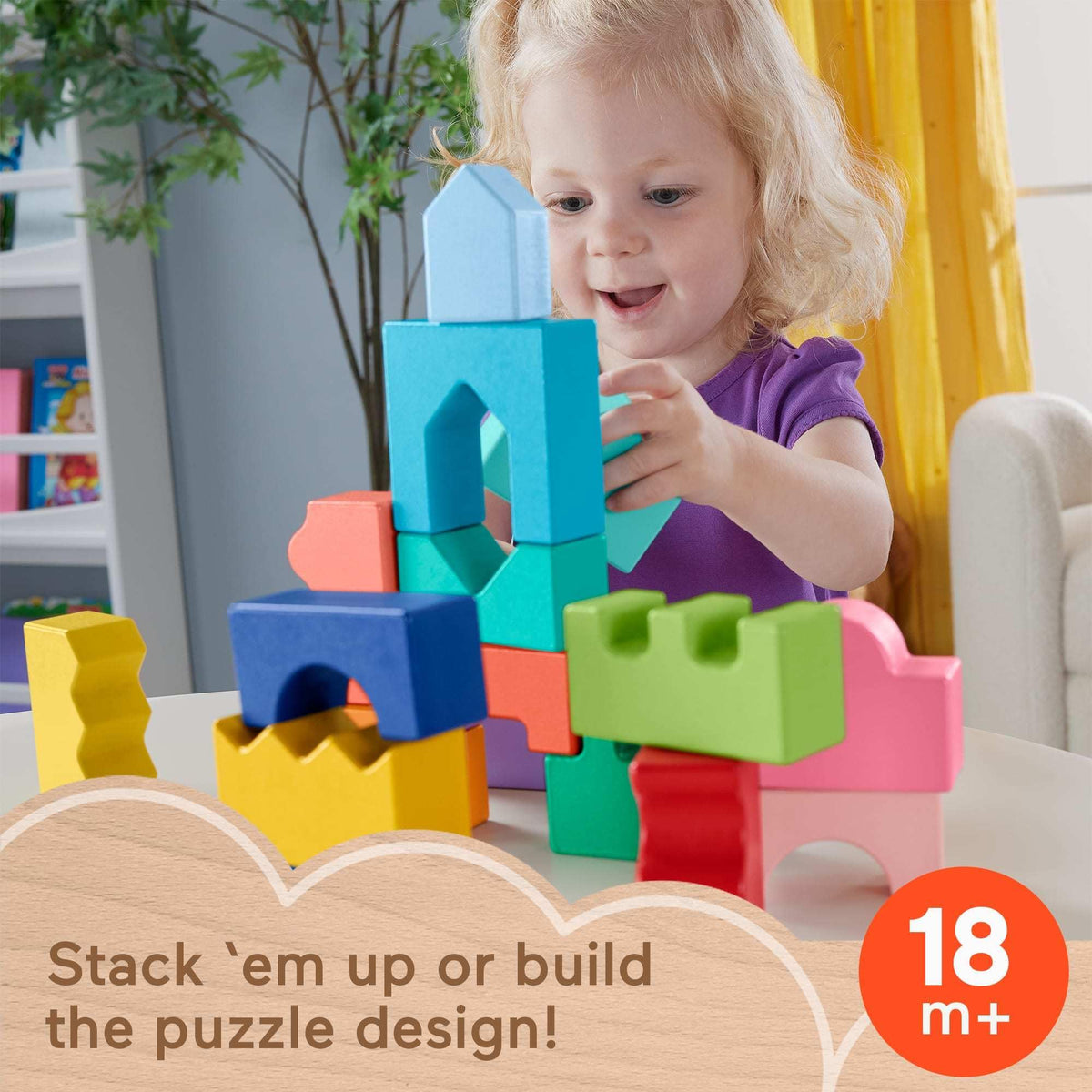 Fisher-Price wooden tray with guidelines helps kids sort shapes into slots.