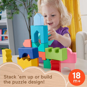 Fisher-Price wooden tray with guidelines helps kids sort shapes into slots.
