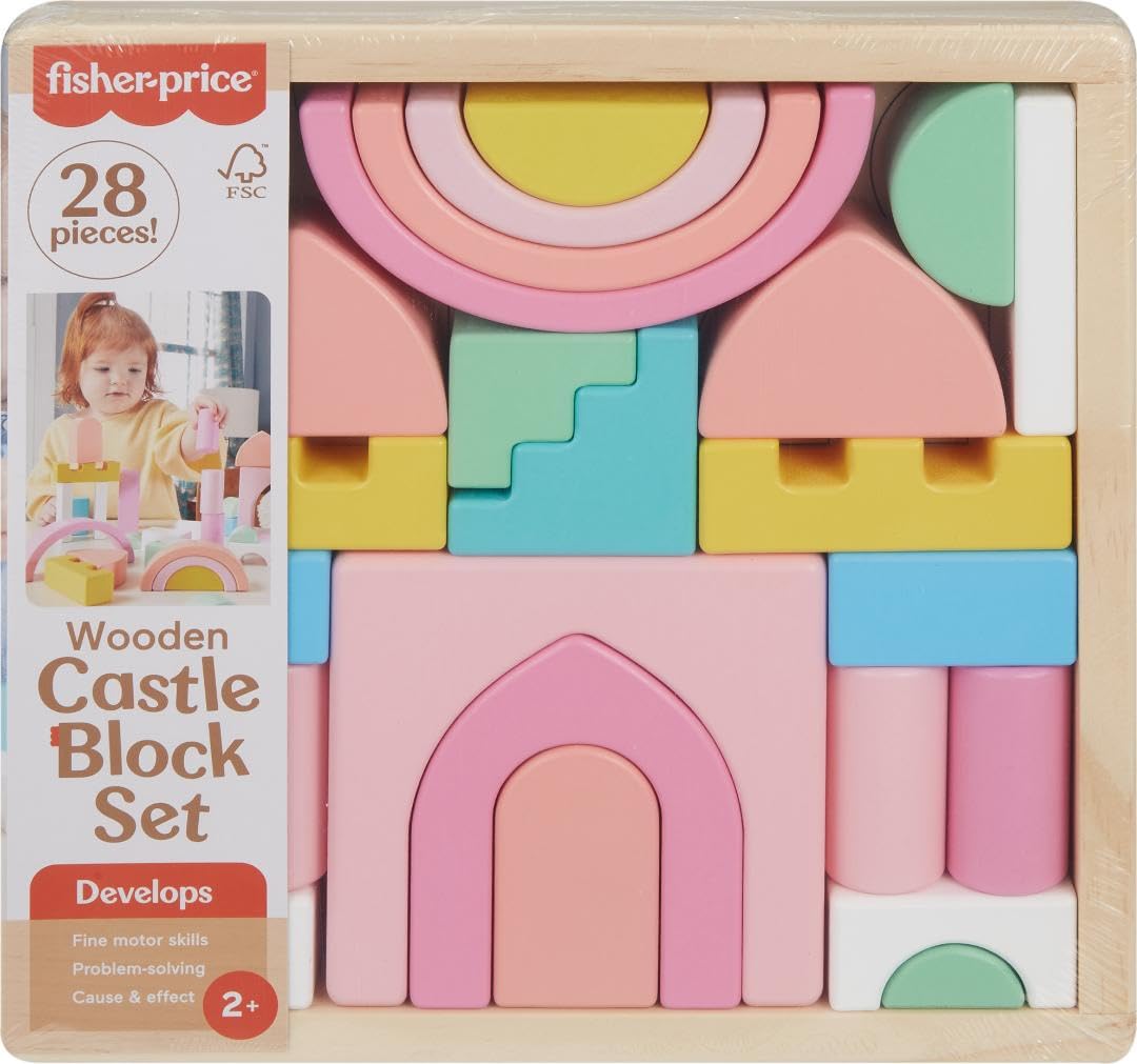 Fisher-Price wood castle blocks set shown with playboard for stacking and pretend play.