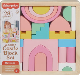 Fisher-Price wood castle blocks set shown with playboard for stacking and pretend play.