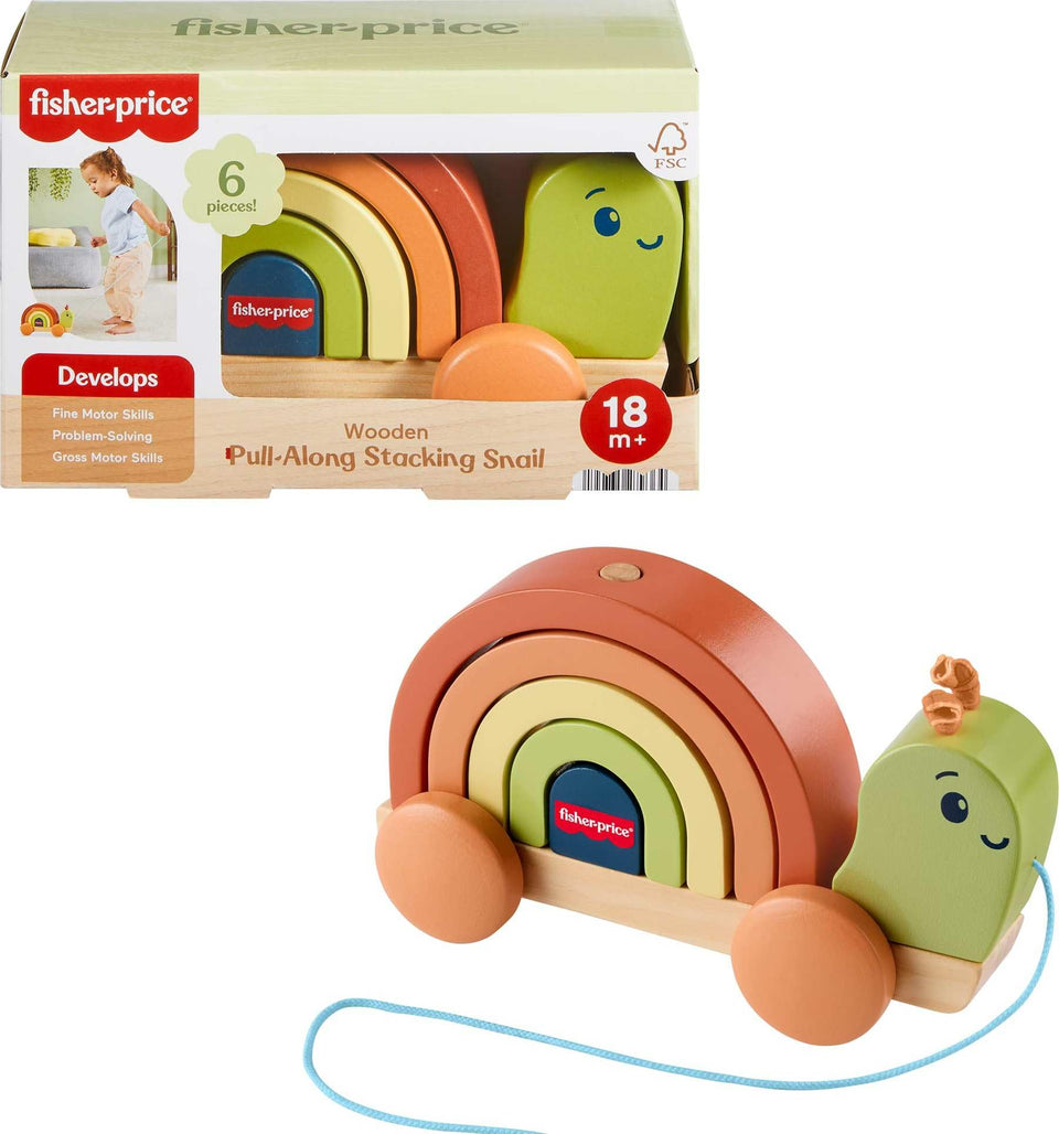 Fisher-Price wood snail shell stacking engages fine motor skills during play