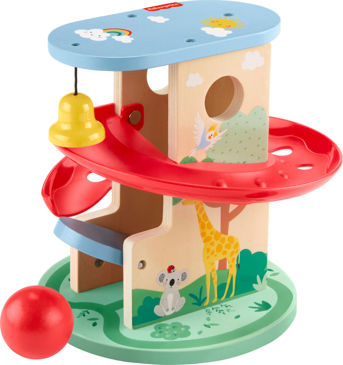 Fisher-Price Wood Treehouse Ball Run front view highlighting FSC-certified wood.
