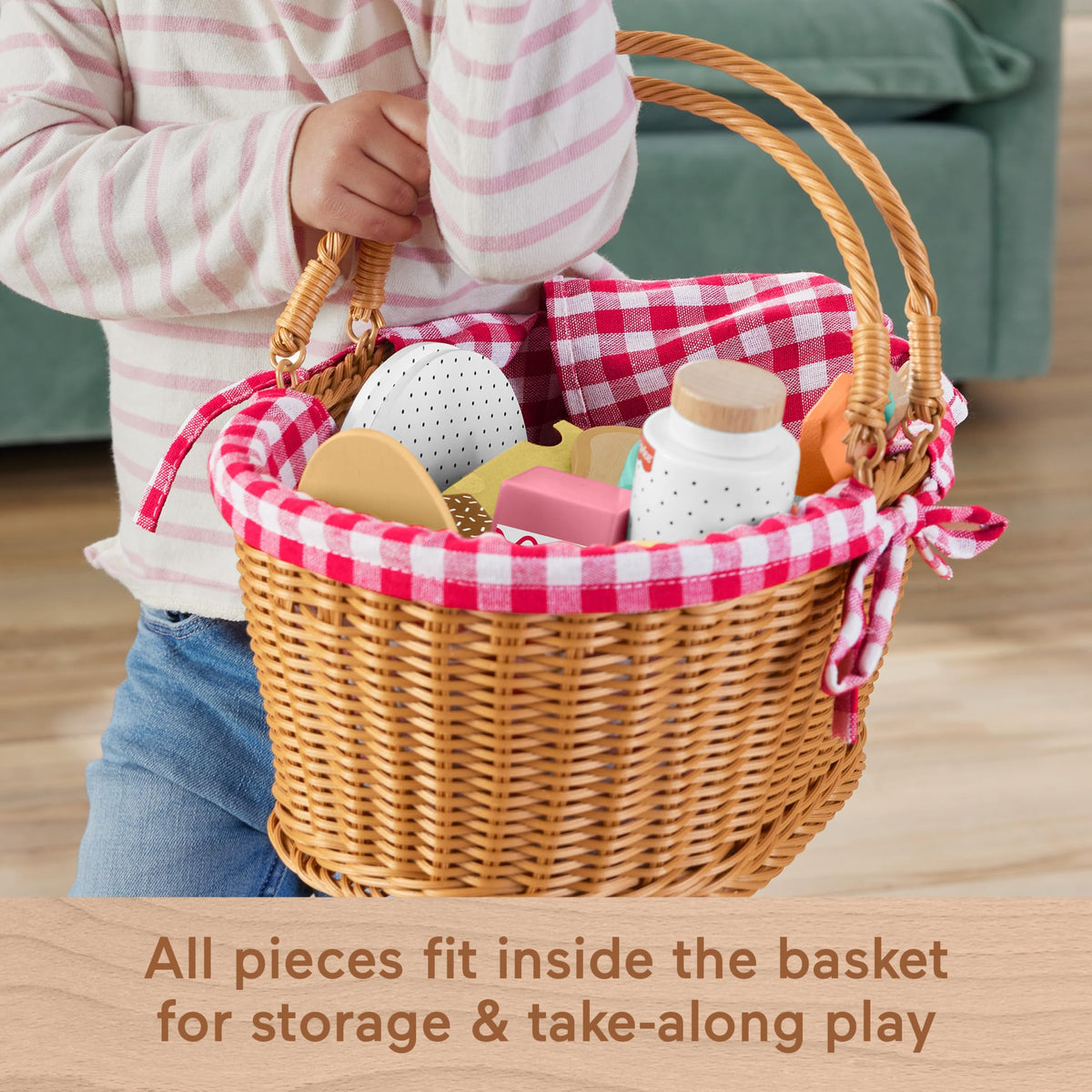 Wooden cups, plates, and utensils for shared play and fine motor practice