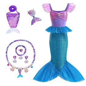 Fishkidtail little girls princess mermaid costume shines with ocean hues, perfect for dress-up and parties.