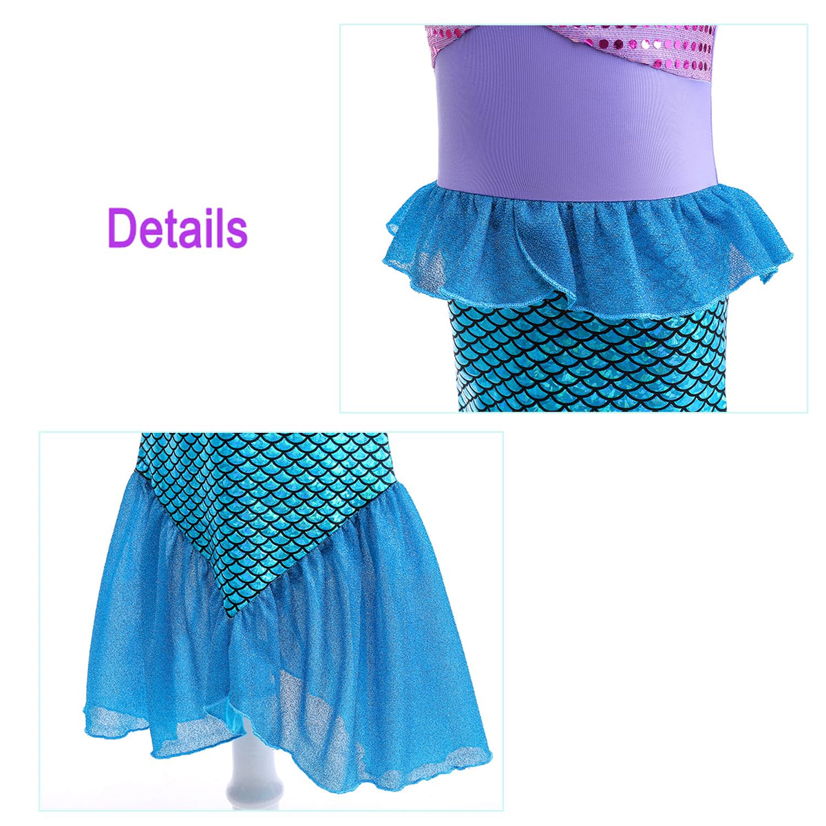Fishkidtail Mermaid Dress Close-up Front View highlights sparkling details.