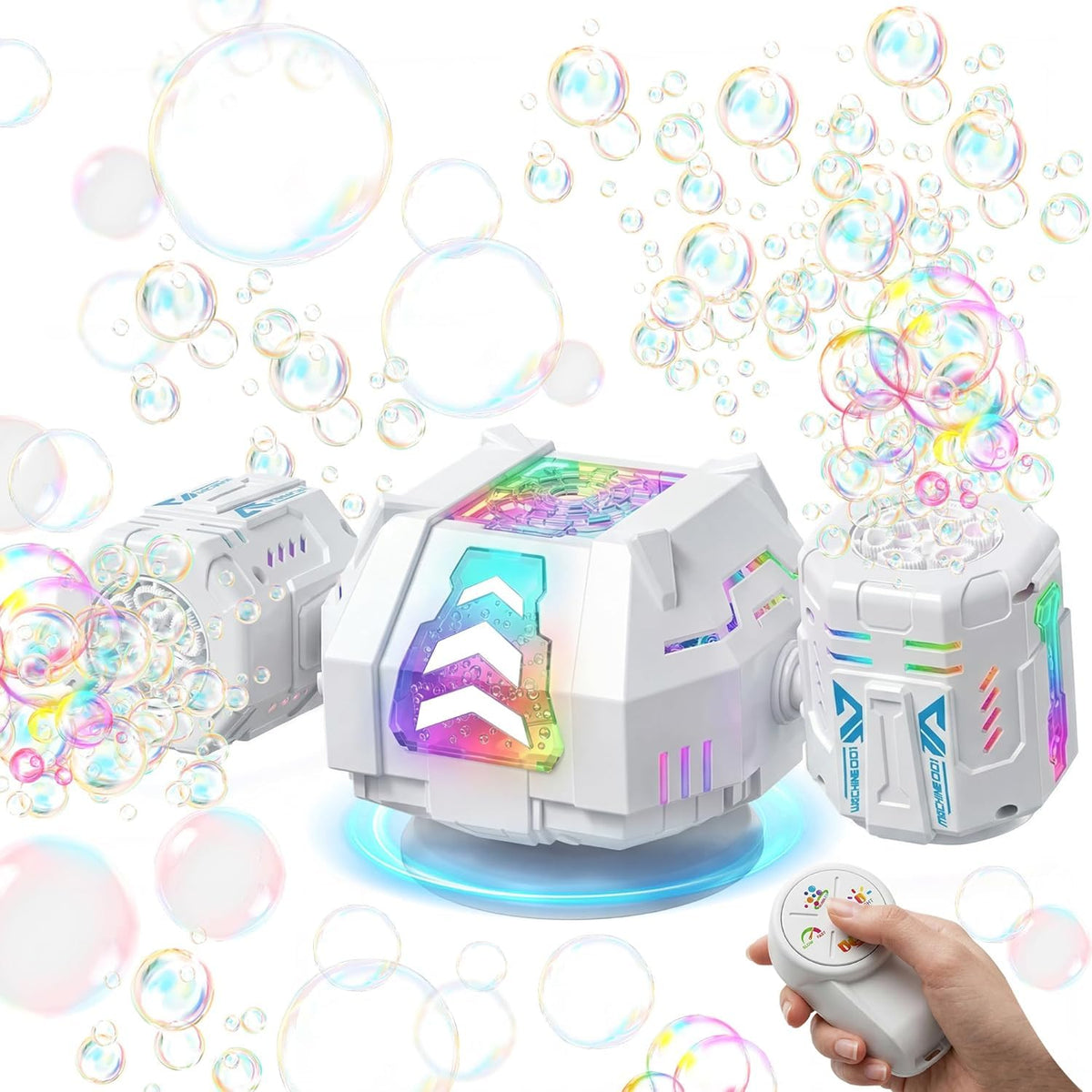 Fitrobust bubble machine front view with RGB lights for festive events.
