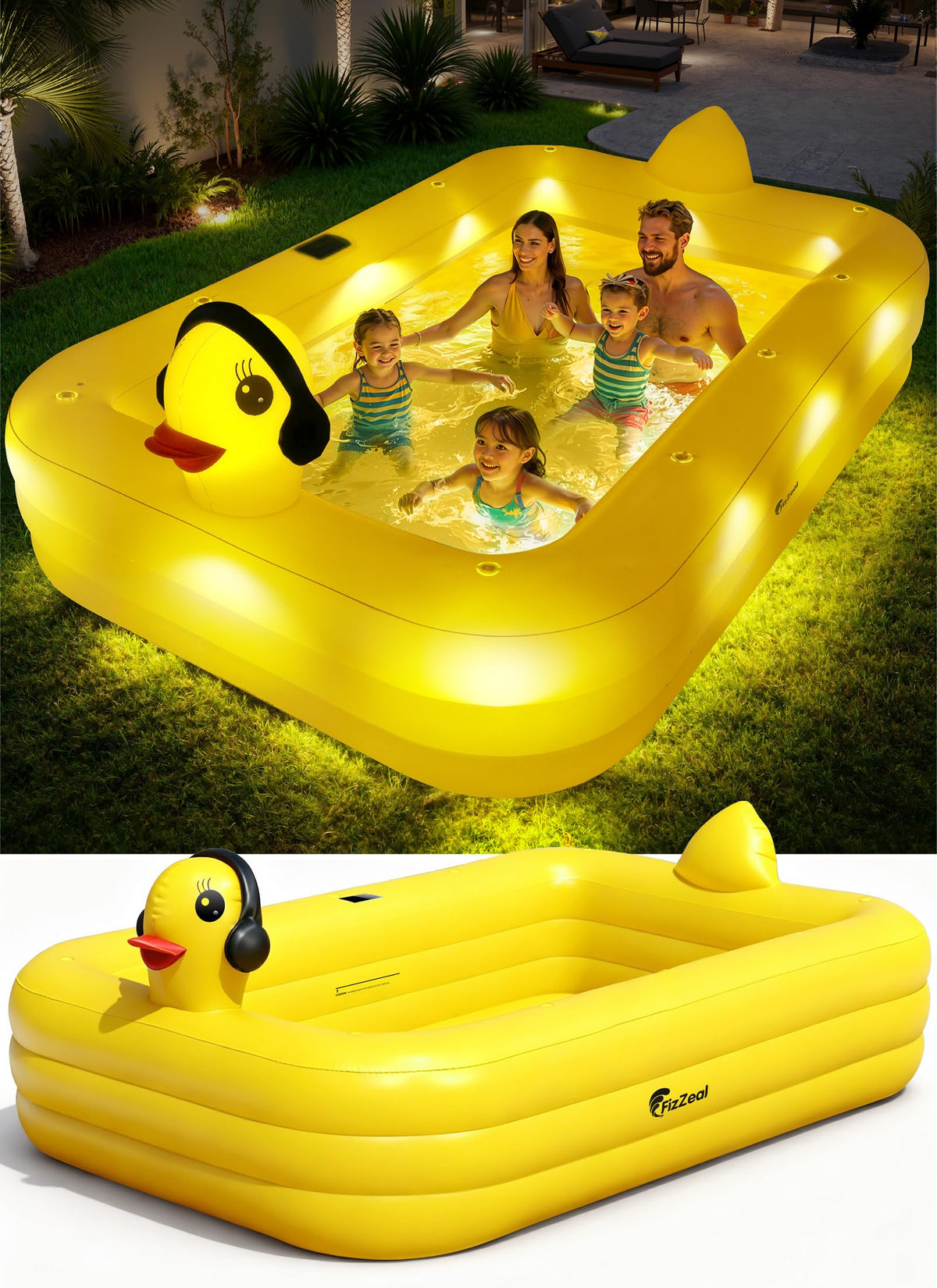 FizZeal duck pool with 360° lights for magical backyard evenings.