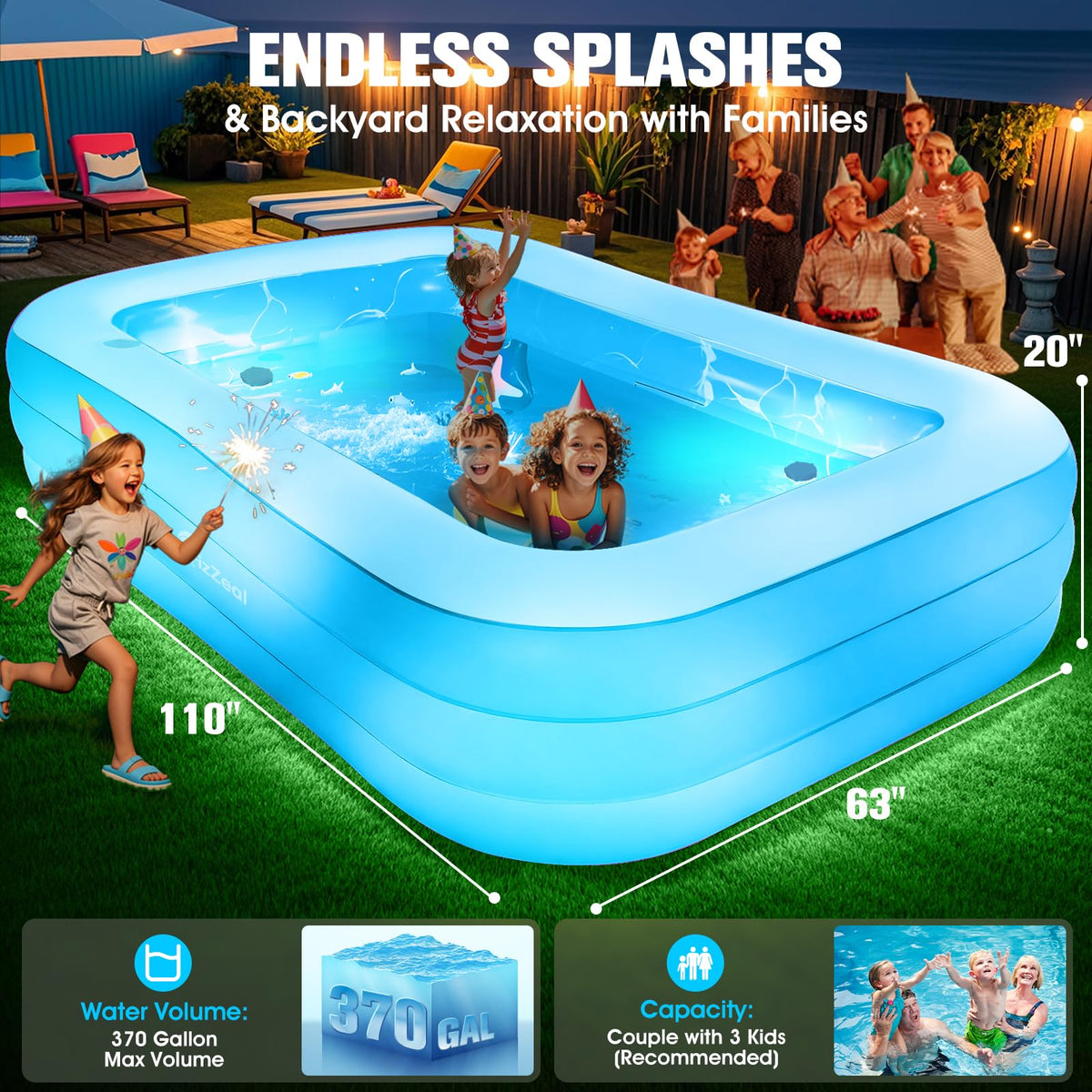 FizZeal inflatable pool built-in cushion seats for lounging