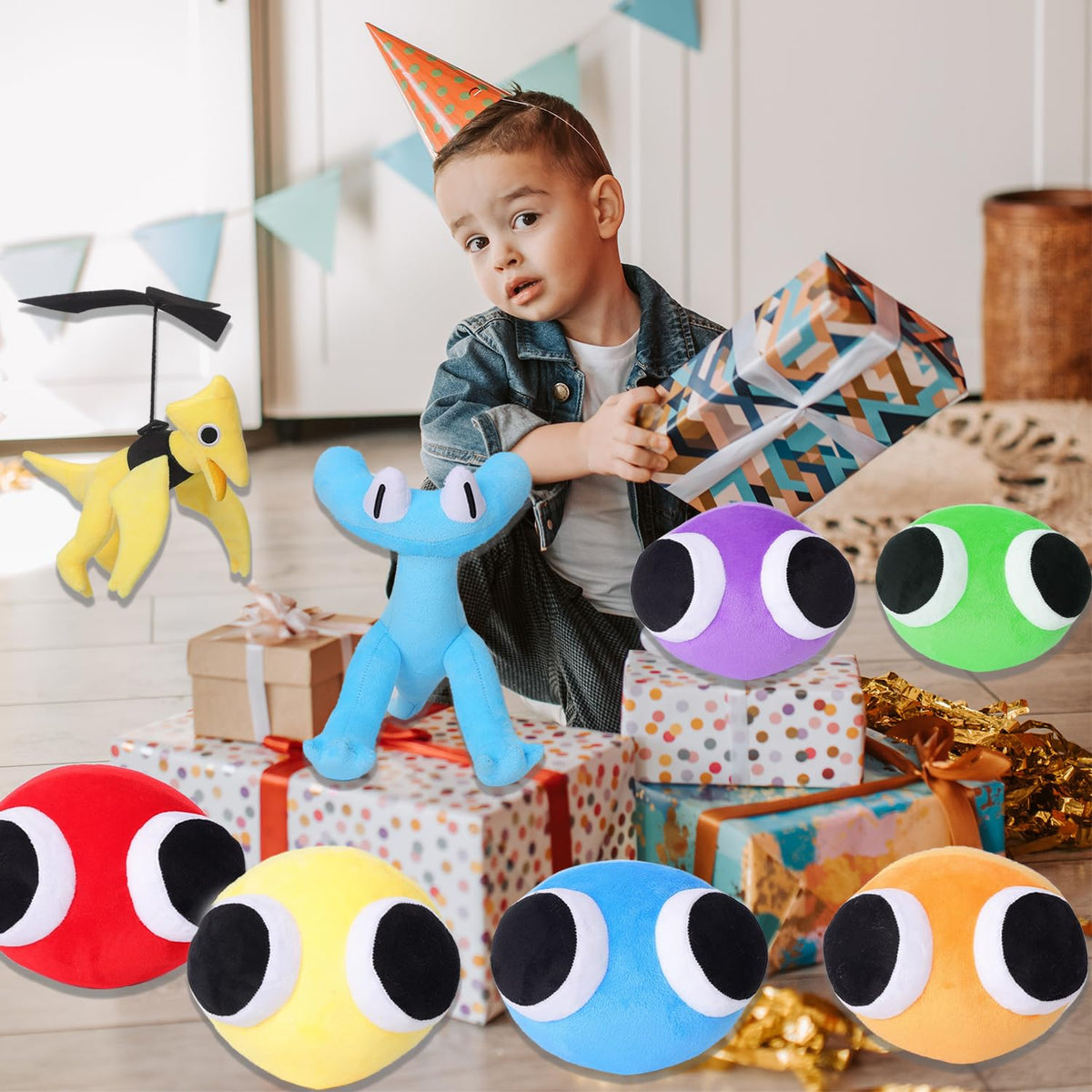 FJFFJF rainbow plush color variation highlights playful, collectible designs.