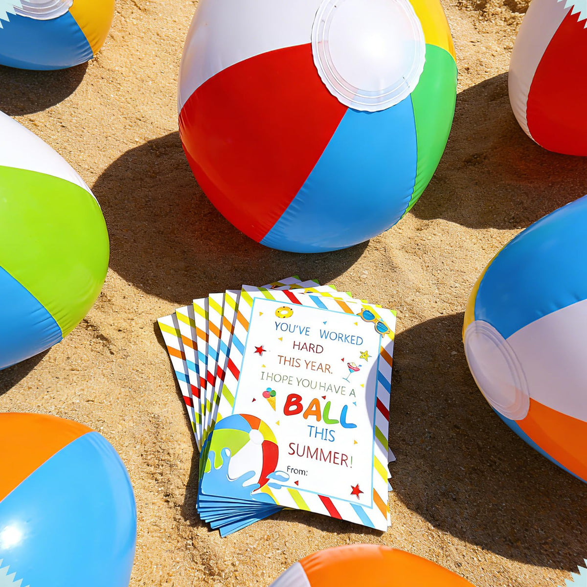 Six-color Fjoron beach balls provide vibrant party decor and play value.
