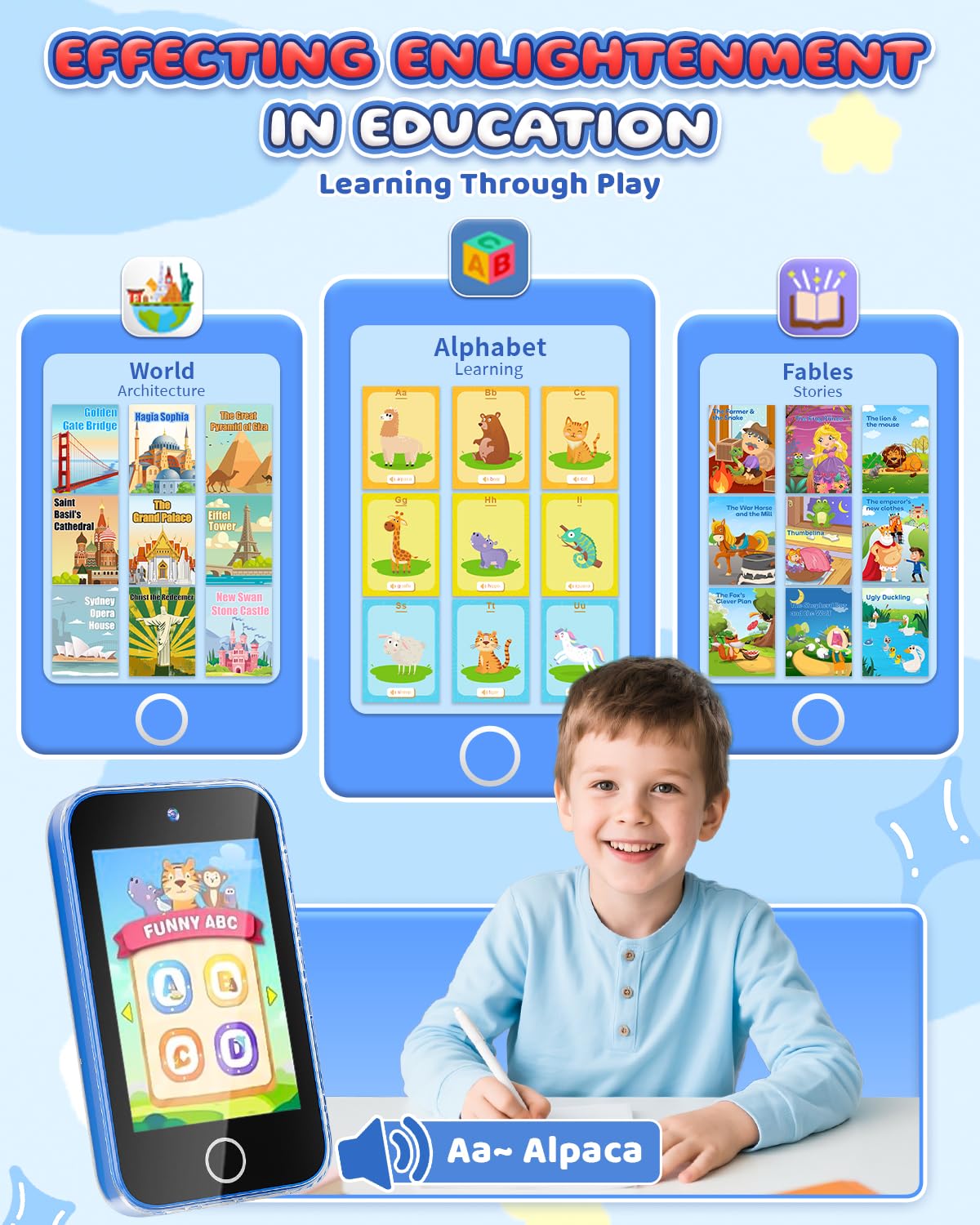 FKATEEN Kids Phone abc-lessons support early literacy through interactive learning.