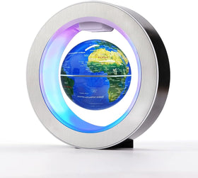 Flagest levitating globe with LED frame hovering above its base for striking desk decor.