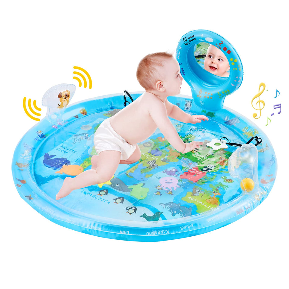 Flashbluer tummy time mat with water play promoting curiosity and neck strength.