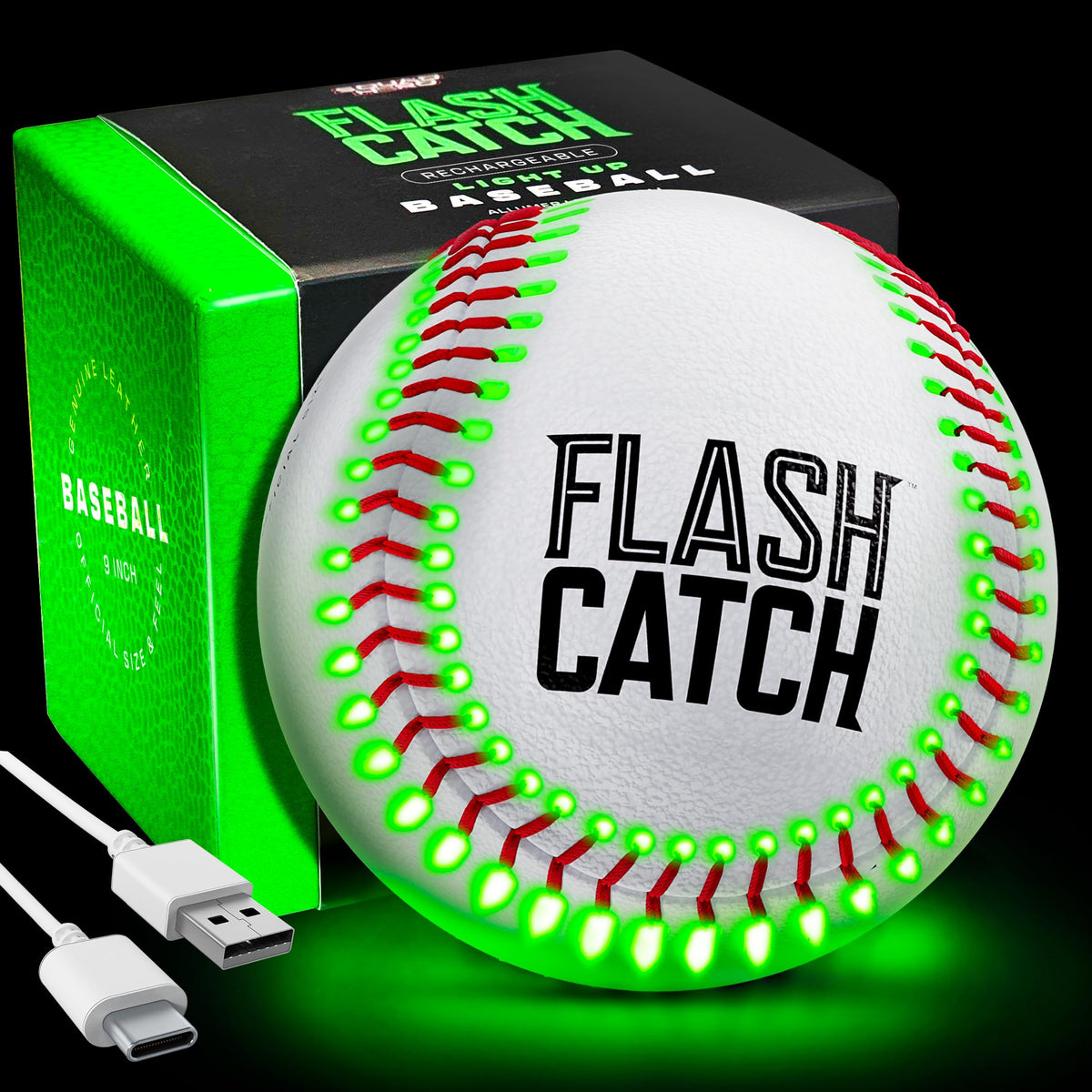 FlashCatch light-up baseball with LED seams lights up on throw for nighttime visibility.