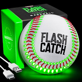 FlashCatch light-up baseball with LED seams lights up on throw for nighttime visibility.