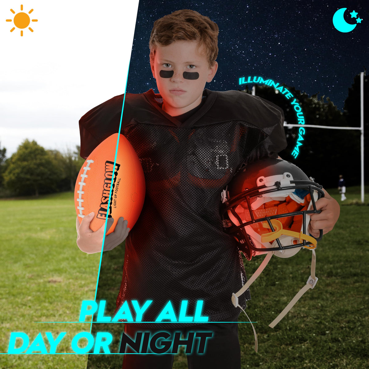 FLASHGLOW glow-in-the-dark football enhances backyard training after sunset.