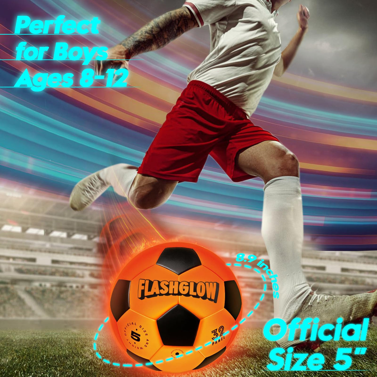 Flashglow training-ready soccer ball helps shot practice and skill development outdoors.