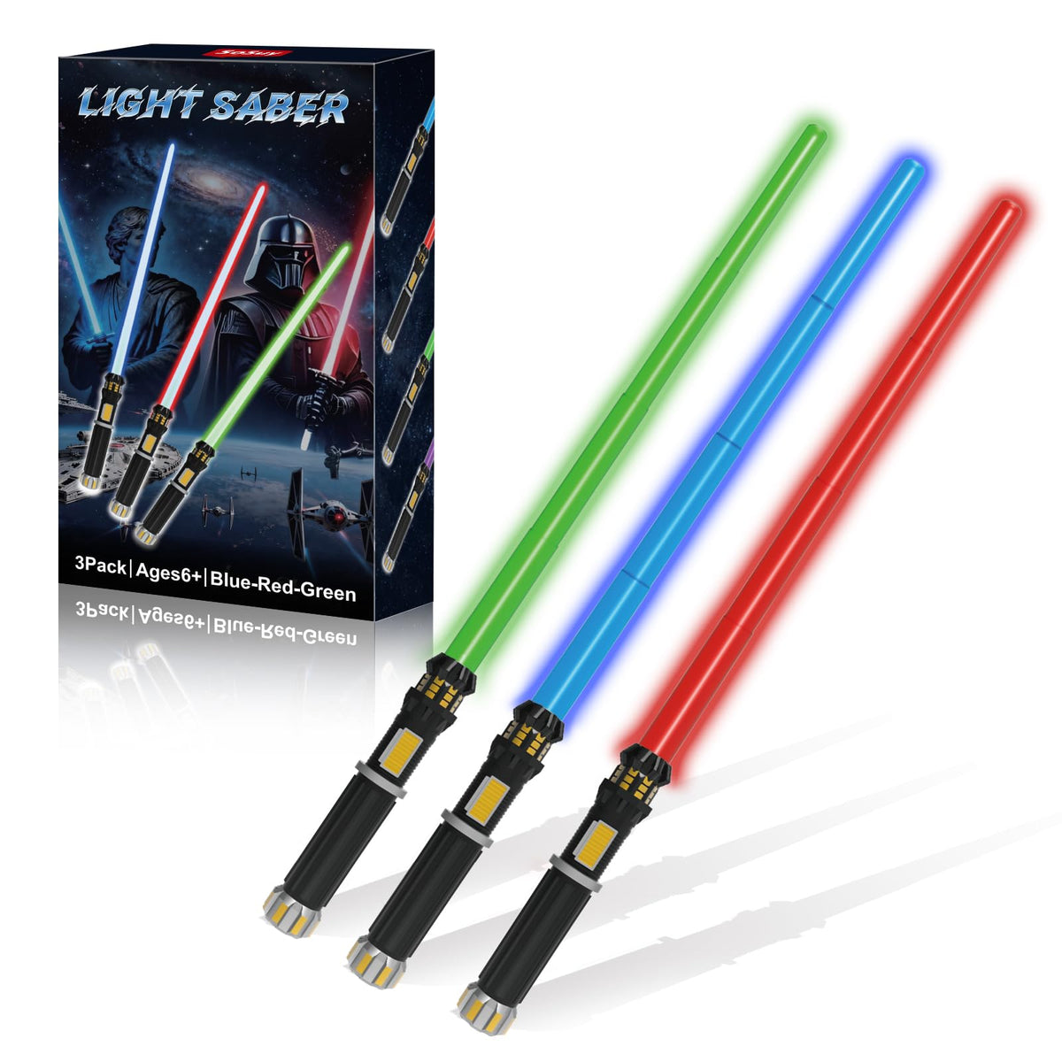 FlashyU 3-pack light up sabers with retractable blades for quick storage and play.