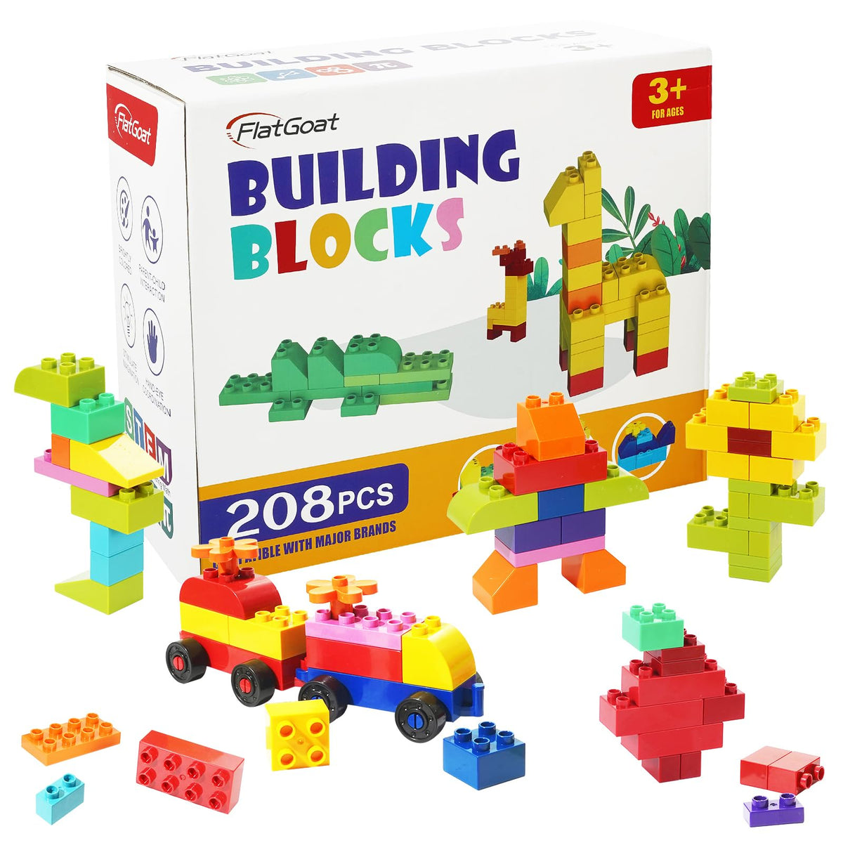 FlatGoat 208-piece color blocks promote imaginative play and fine motor skills.
