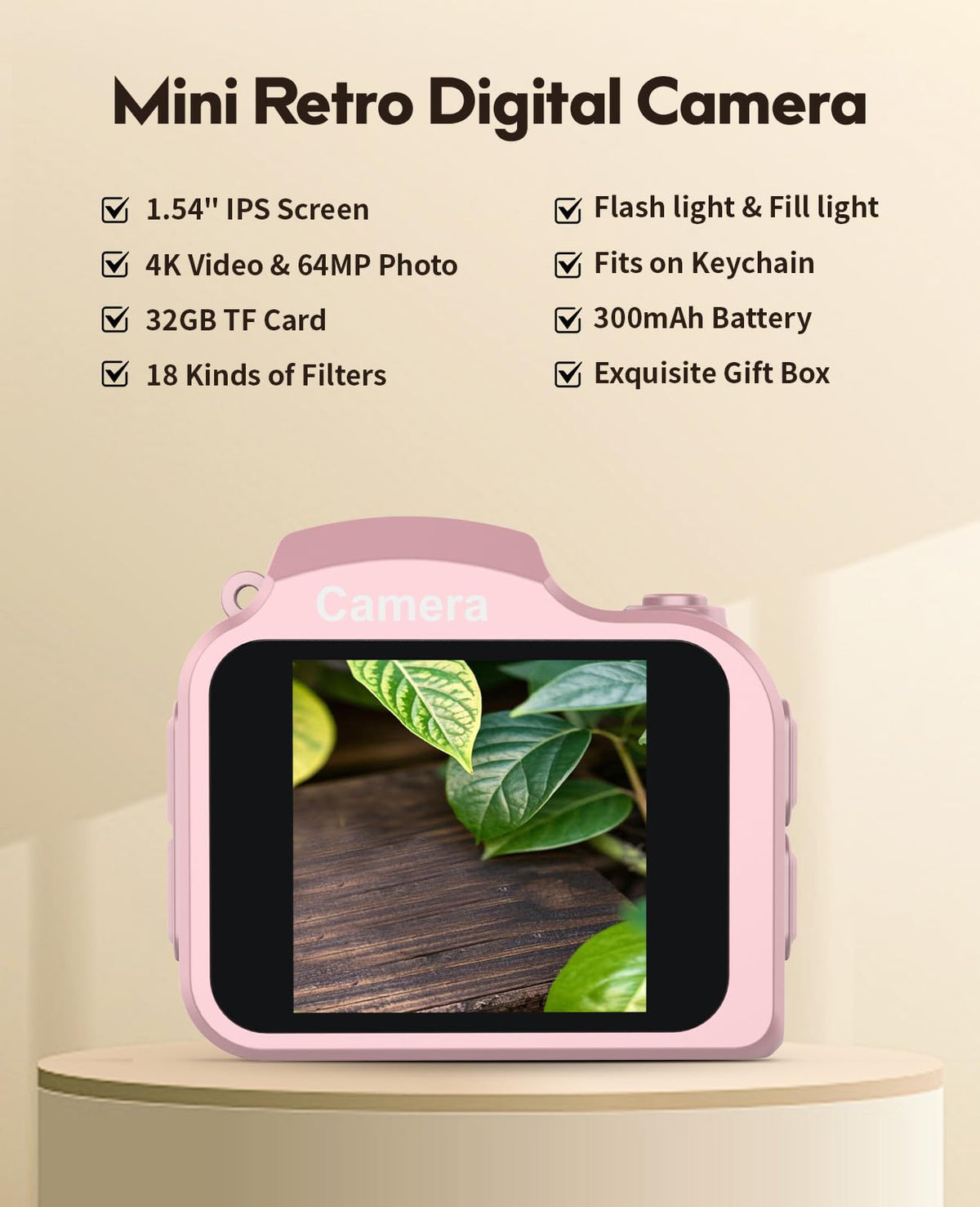FLATIC Mini Keychain Camera close-up highlighting pocket-friendly size and simple one-button use.